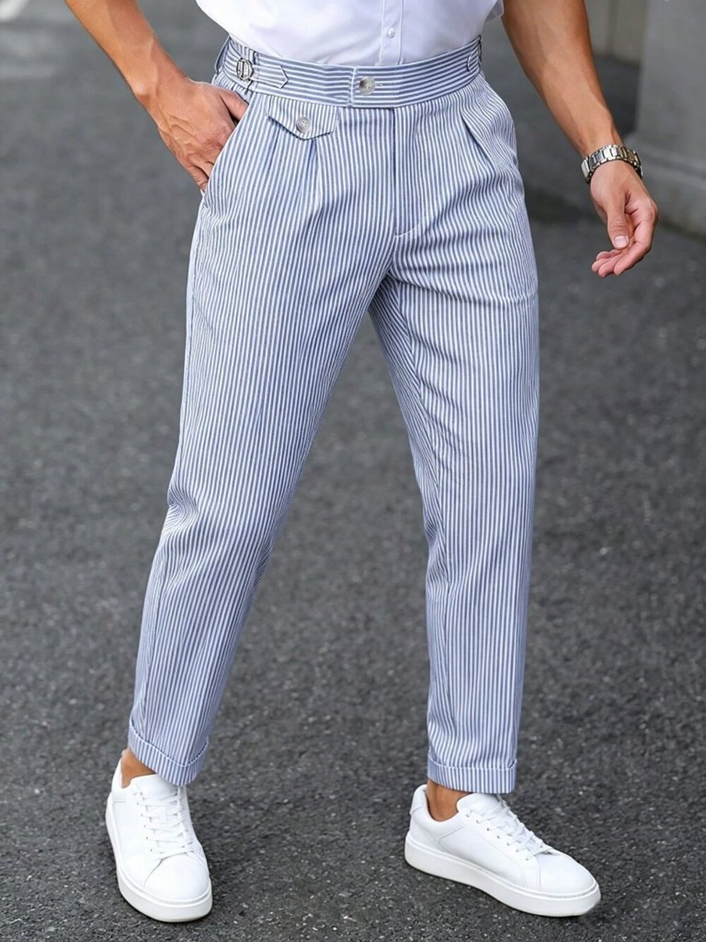 Blue and White Casual Men's Regular Fit Cropped Plain Zipper Fly Pants